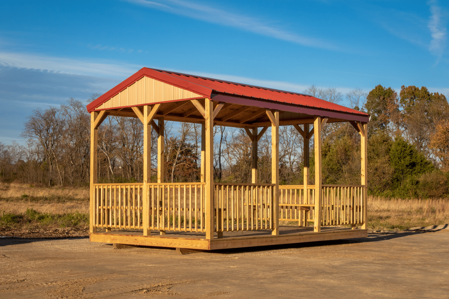 wooden outdoor structure pavilion with red metal roof in ellsinore